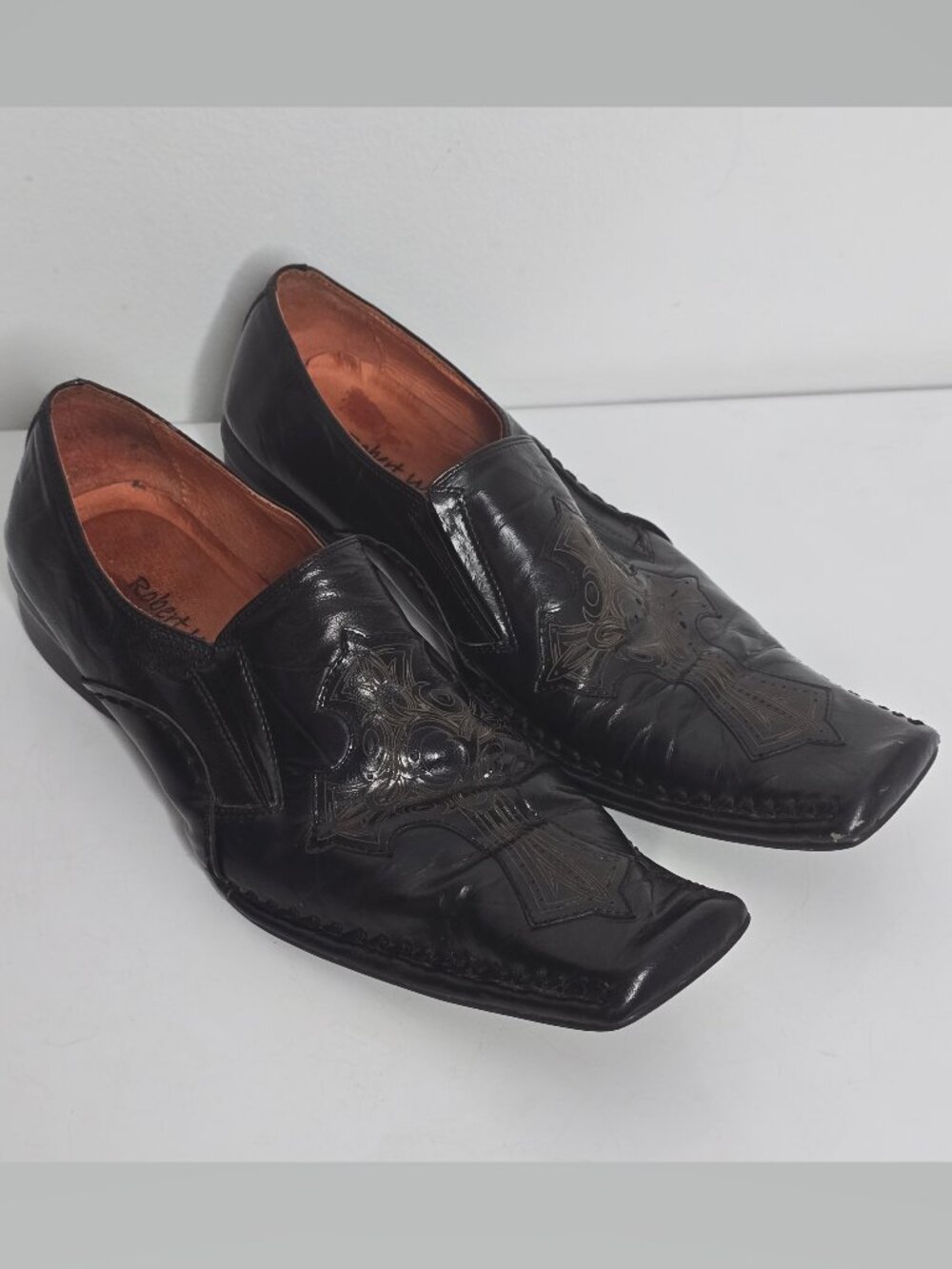 Robert Wayne Shoes Mens 9 Angelo Black Leather Slip On Square Toe Western Cross